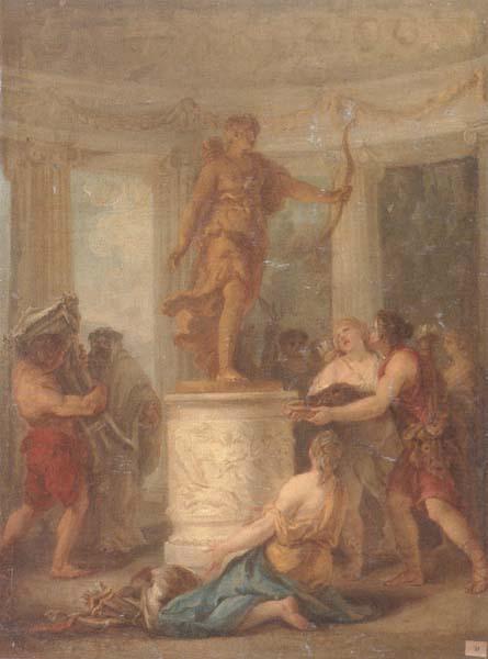 unknow artist Interior of a classical temple,with hunters making an offering to a statue of diana